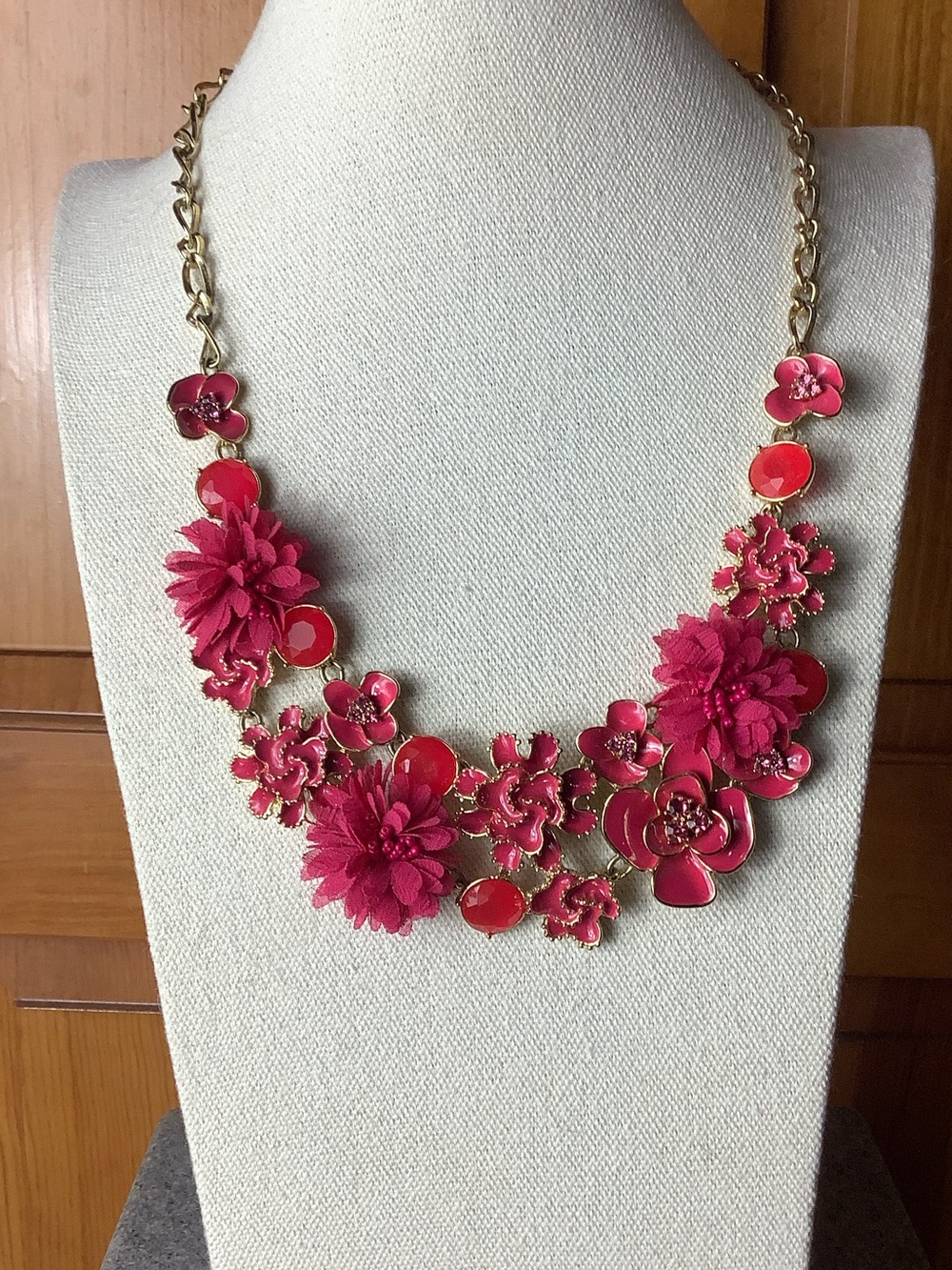 Talbots Pink Floral Bib Necklace with Gold-Tone Chain